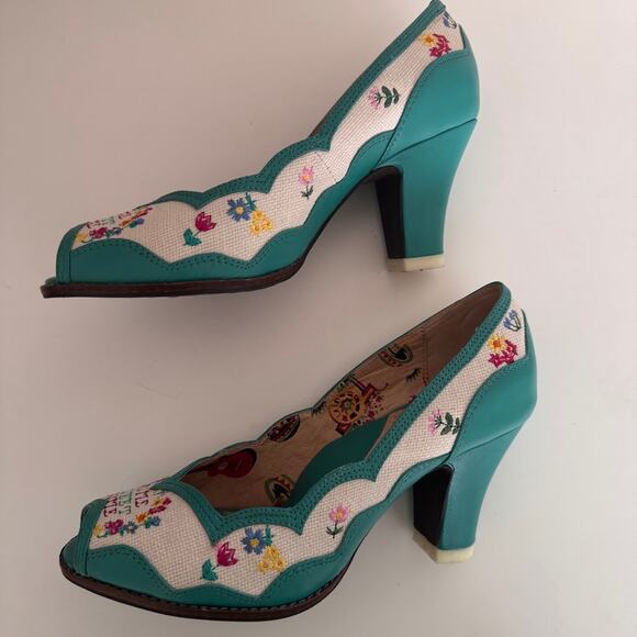 Miss L Fire Home Sweet Home Peep Toe Heels Retro Needlepoint Size EU 36 US 6 - Picture 8 of 12